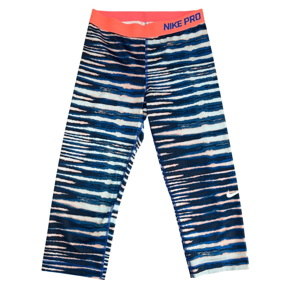 Nike Pro Leggings Womens Medium Blue Pink Striped Capri Cropped‎ Dri-FIT